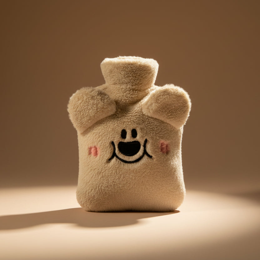 Brown bear-shaped hot water bottle with measurements on a white background